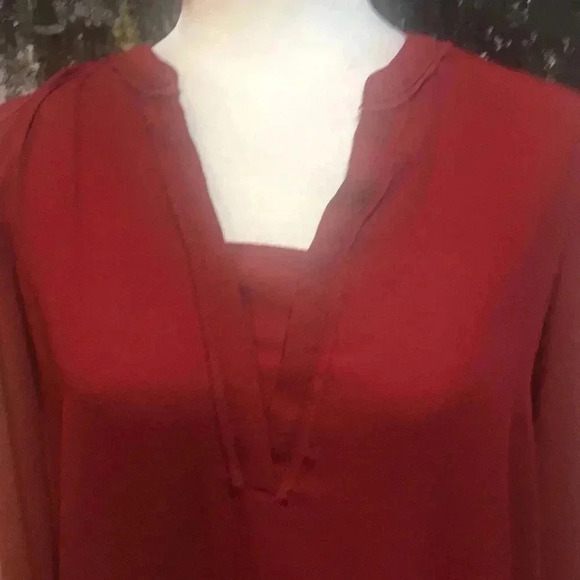 SIMPLY VERA VERA WANG Burgundy V-Neck Long Sleeve Button Cuff Sheer Top Size PL - Picture 2 of 8